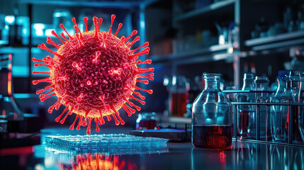 Detailed view of a 3D virus model in a laboratory setting, with glassware and scientific equipment