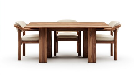 Modern wooden dining table set, four chairs, white background, home interior design