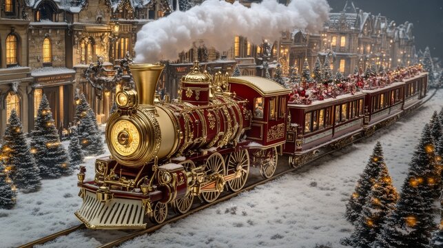 A full aerial view. A luxurious Richard Trevithick's 1804 locomotive crafted entirely from ivory, with a stunning red and gold color scheme. The locomotive features intricate and ornate golden