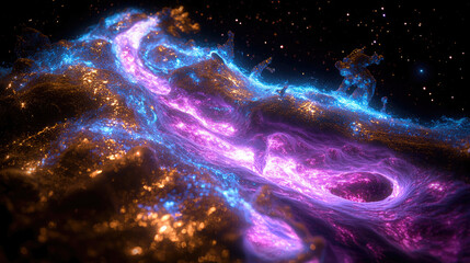 Vibrant cosmic landscape showcasing swirling purple and blue energy amidst sparkling stars