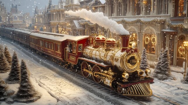 A full aerial view. A luxurious Richard Trevithick's 1804 locomotive crafted entirely from ivory, with a stunning red and gold color scheme. The locomotive features intricate and ornate golden