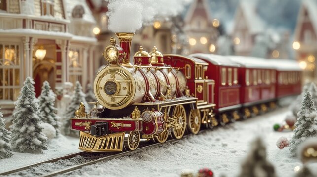 A full aerial view. A luxurious Richard Trevithick's 1804 locomotive crafted entirely from ivory, with a stunning red and gold color scheme. The locomotive features intricate and ornate golden