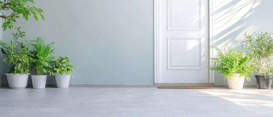 Bright and airy entrance with potted plants and a welcoming door