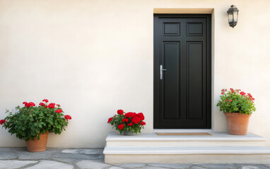 Fototapeta premium Beautiful entrance with black door and vibrant flower pots in a sunny outdoor setting