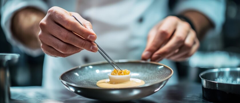A chef displays culinary artistry, using tweezers to place a topping on an elegant dish, showcasing precision and creativity.