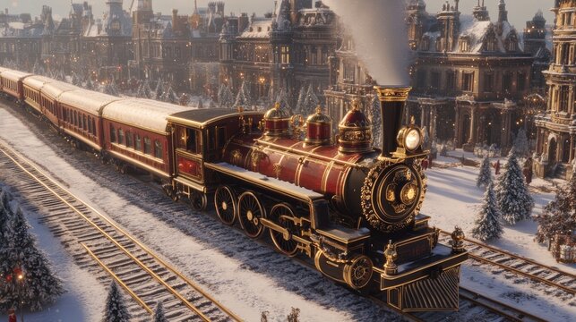 A full aerial view. A luxurious Richard Trevithick's 1804 locomotive crafted entirely from ivory, with a stunning red and gold color scheme. The locomotive features intricate and ornate golden