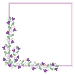 Square Wreath Or Borders Frame With Love Purple Flowers And Green Leaves