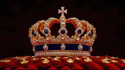Fototapeta premium Royal Golden Crown with Jewels on Pillow, UK Monarchy Symbol on Red Background with Copyspace