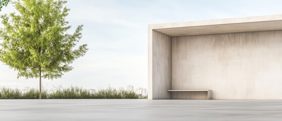 Modern outdoor space with a minimalist design and greenery in a serene environment