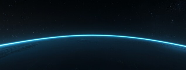 Planet Earth's horizon with glowing blue light, seen from space at night.