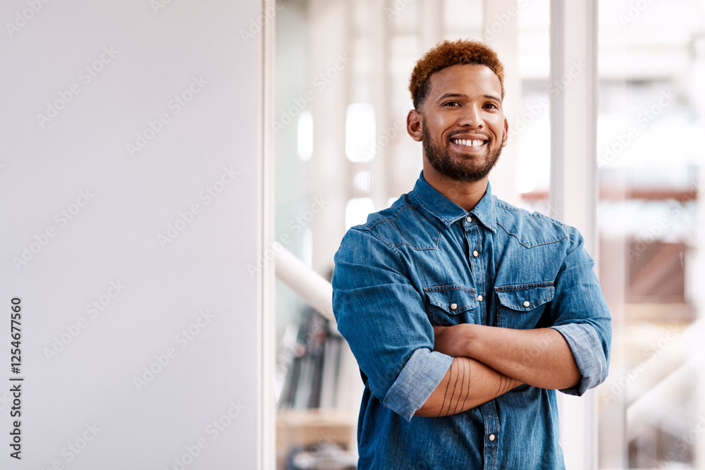 Poster creative, office and portrait of man with arms crossed, opportunity and inspiration in startup devel