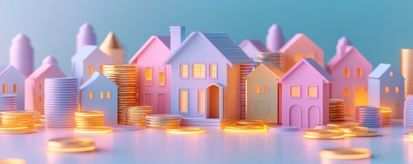 Colorful houses with stacked coins symbolize wealth and real estate investment in a vibrant and playful setting.