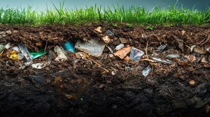 Obraz premium Plastic Waste Contamination in Soil Ecosystem Non-Biodegradable Pollution Cross-Section Analysis