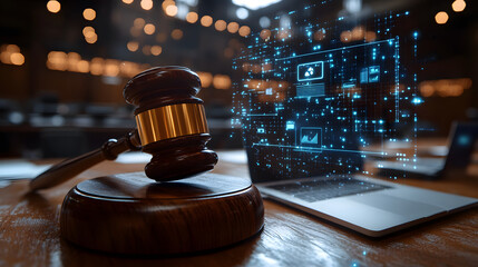 A computer monitor is on a table next to a wooden gavel. The gavel is glowing with a bright orange light