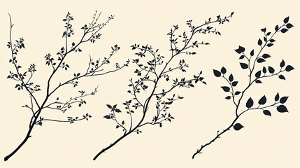 Silhouetted branches with delicate leaves and flowers against a neutral background