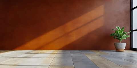Sunlight casts shadows on a modern interior with a potted plant and textured wall