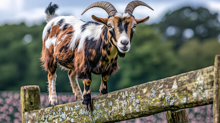 Goat standing on a wooden fence in a lush green field with flowers blooming in the background