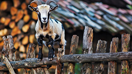 Goat balancing on a rustic wooden fence with a forest backdrop and stacked logs nearby
