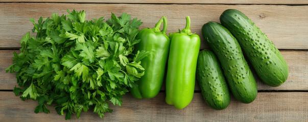 Fresh green vegetables including parsley, bell peppers, and cucumbers arranged on rustic wooden surface, showcasing vibrant colors and natural textures