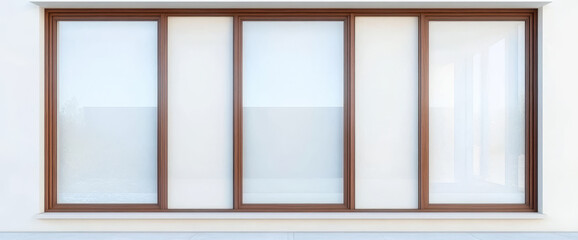 Modern window design with wooden frame and glass panels under clear sky