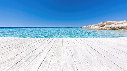 Fototapeta premium White wooden dock over turquoise water, sunny day