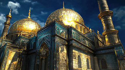 Majestic golden domes of an ancient mosque under a dramatic sky with vibrant clouds