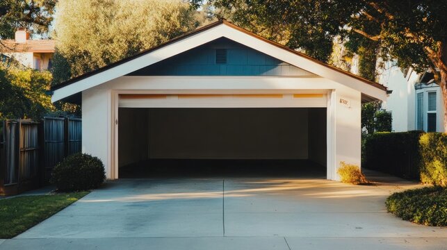 Suburban garage, open door, sunny day, residential background, real estate