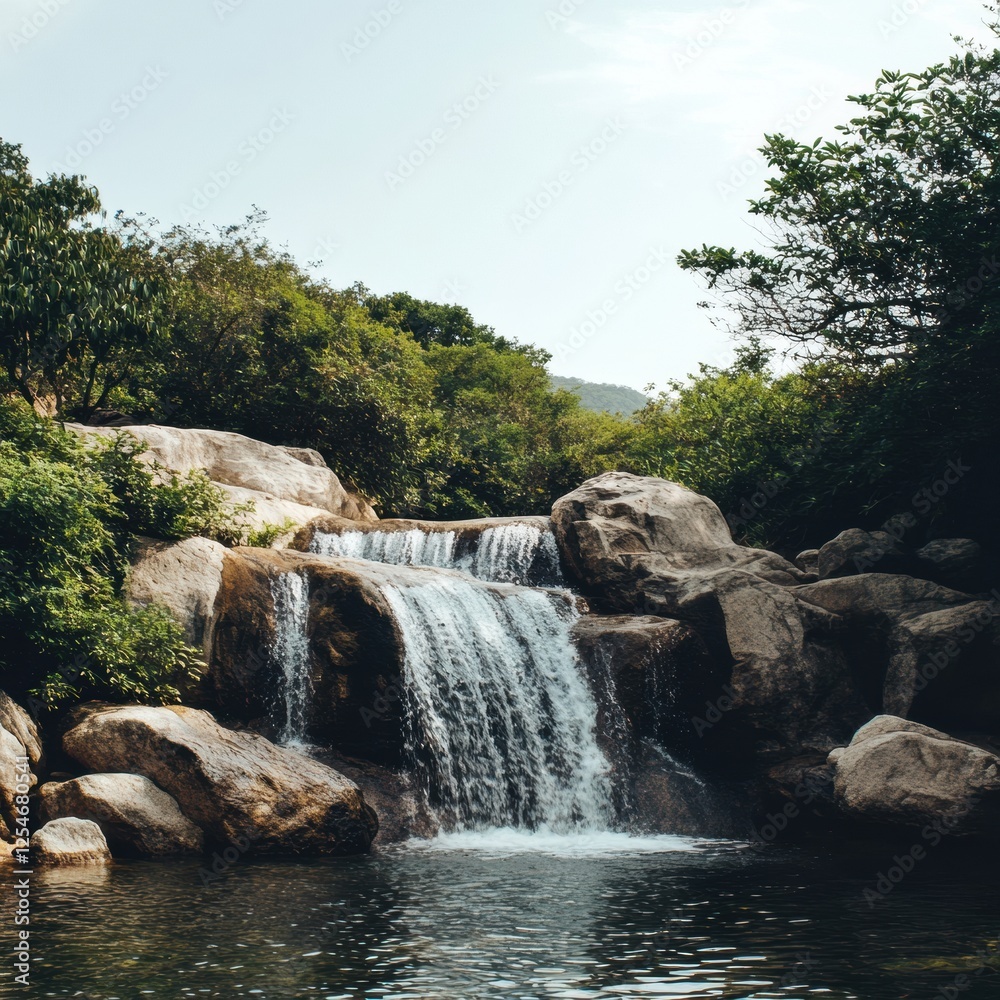Aufkleber serene waterfall cascading over rocks surrounded by lush green vegetation on a sunny day. generative