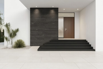 Modern entrance with sleek staircase and minimalist design in bright daylight