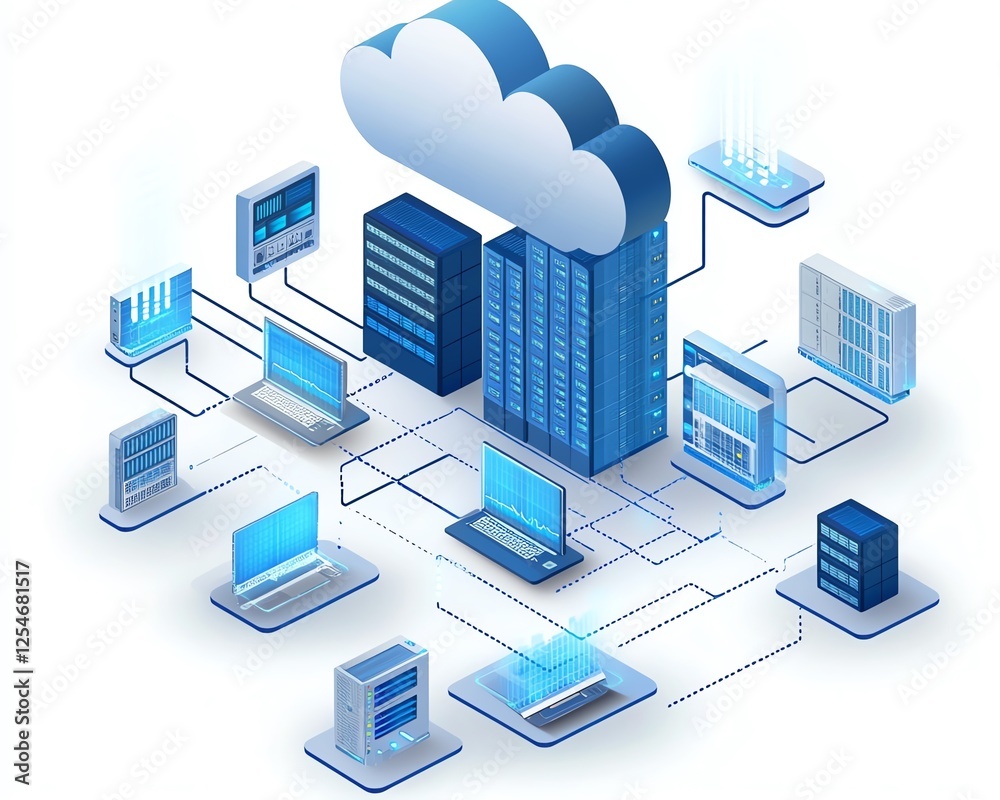 Poster Cloud computing center concept, digital illustration with detailed image of cloud storage, data flow, and virtual networks