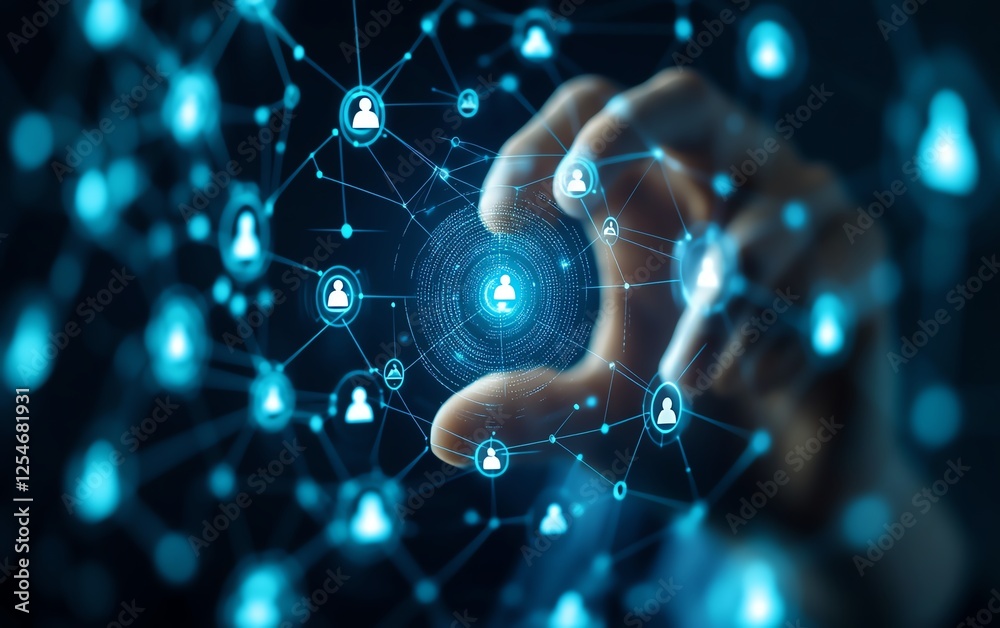 Poster dark blue background with futuristic interface design, connected world in the center, human resource