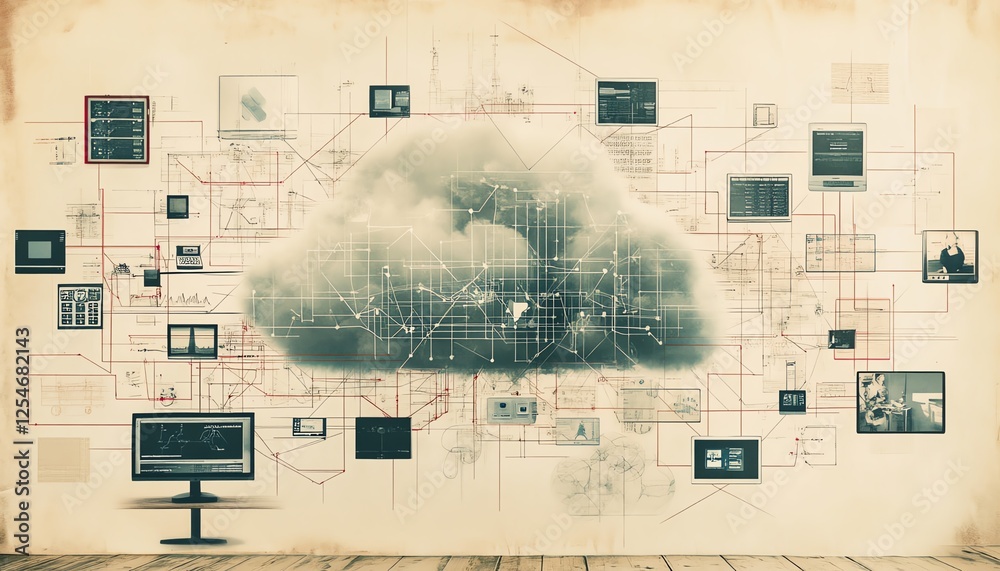 Aufkleber Detailed digital illustration of cloud computing concept, central cloud with interconnected devices and data, technology and innovation theme