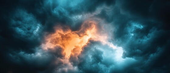 Dramatic Sky with Orange Light Bursting Through Dark Blue Clouds Creating a Moody Scene