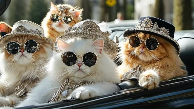 Fashionable Cats Wearing Sunglasses and Hats in Stylish Car Ride
