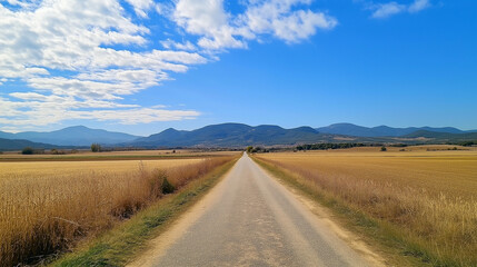 Fototapeta premium Country road through open fields in the countryside