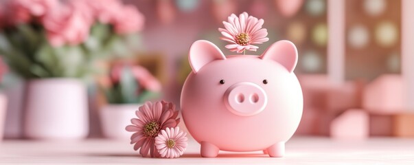 A cute pink piggy bank adorned with flowers, symbolizing savings and prosperity, set against a soft, vibrant background.