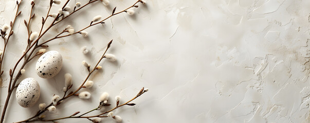Willow branches and decorations, easter eggs on a light background. Happy easter flat lay concept