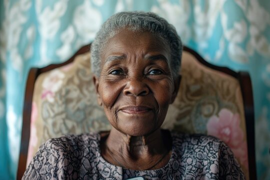 A portrait of an elderly African American woman, her face conveying wisdom and serenity. - Powered by Adobe