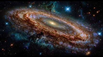 Stunning spiral galaxy illuminated by vibrant stars, set against a cosmic backdrop of nebulae