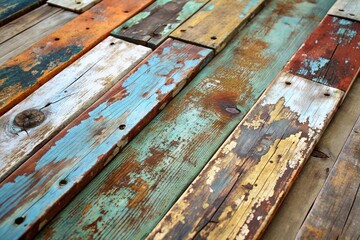 textures and grains of distressed wooden boards with chipped paint and rough surfaces