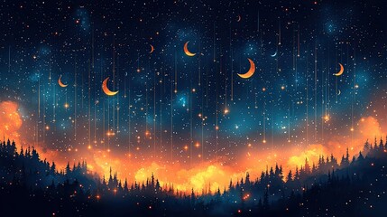 Ethereal night sky with crescent moons and vibrant stars over a forest landscape