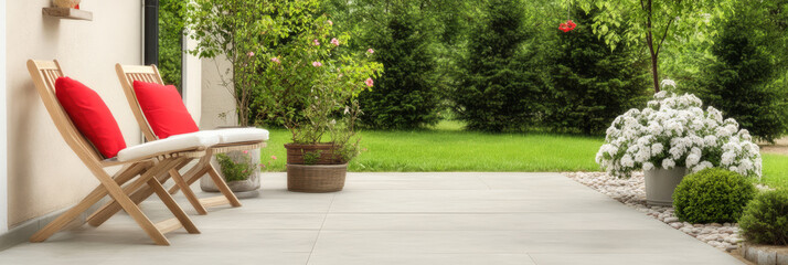 Fototapeta premium Cozy outdoor seating with vibrant cushions and blooming plants in a serene garden setting