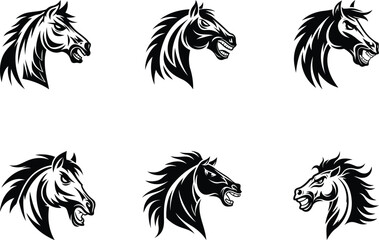 Angry horse head set silhouette vector art, angry horse head logo icon, angry horse head line art vector illustration