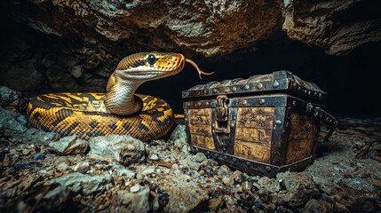 A large snake emerges from a dark cave, beside an ancient treasure chest, evoking mystery