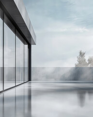 Modern architectural design with expansive glass walls and serene surroundings