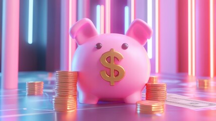 A vibrant pink piggy bank with a dollar sign sits among gold coins, set against a colorful neon backdrop, symbolizing saving and financial growth.