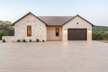 Modern single-story house with a spacious driveway in a serene landscape