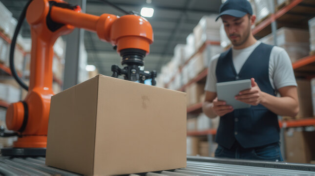 A warehouse scene featuring a robotic arm working alongside a man using a tablet, focused on a cardboard box. - Powered by Adobe