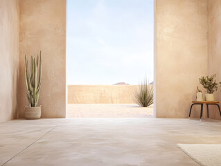 Modern desert interior with plants and natural light in a minimalist space