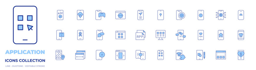 Application icons collection. Line Duotone style, editable stroke. app, apps, charity, check in, dating app, menu, monitor, notifications, online shopping, phone, smartphone, telemedicine, ui design